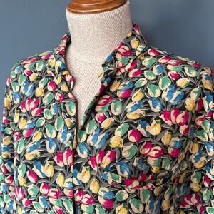 Vintage Alan Austin Silk Blouse | Size 8 |‎ 1980s Black Tulip Print | Italy